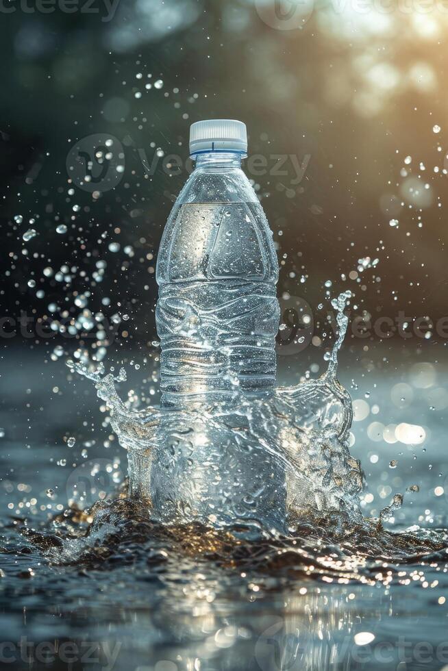 AI generated Transparent plastic mineral water bottle for your advertisement with water splashes and drops. photo