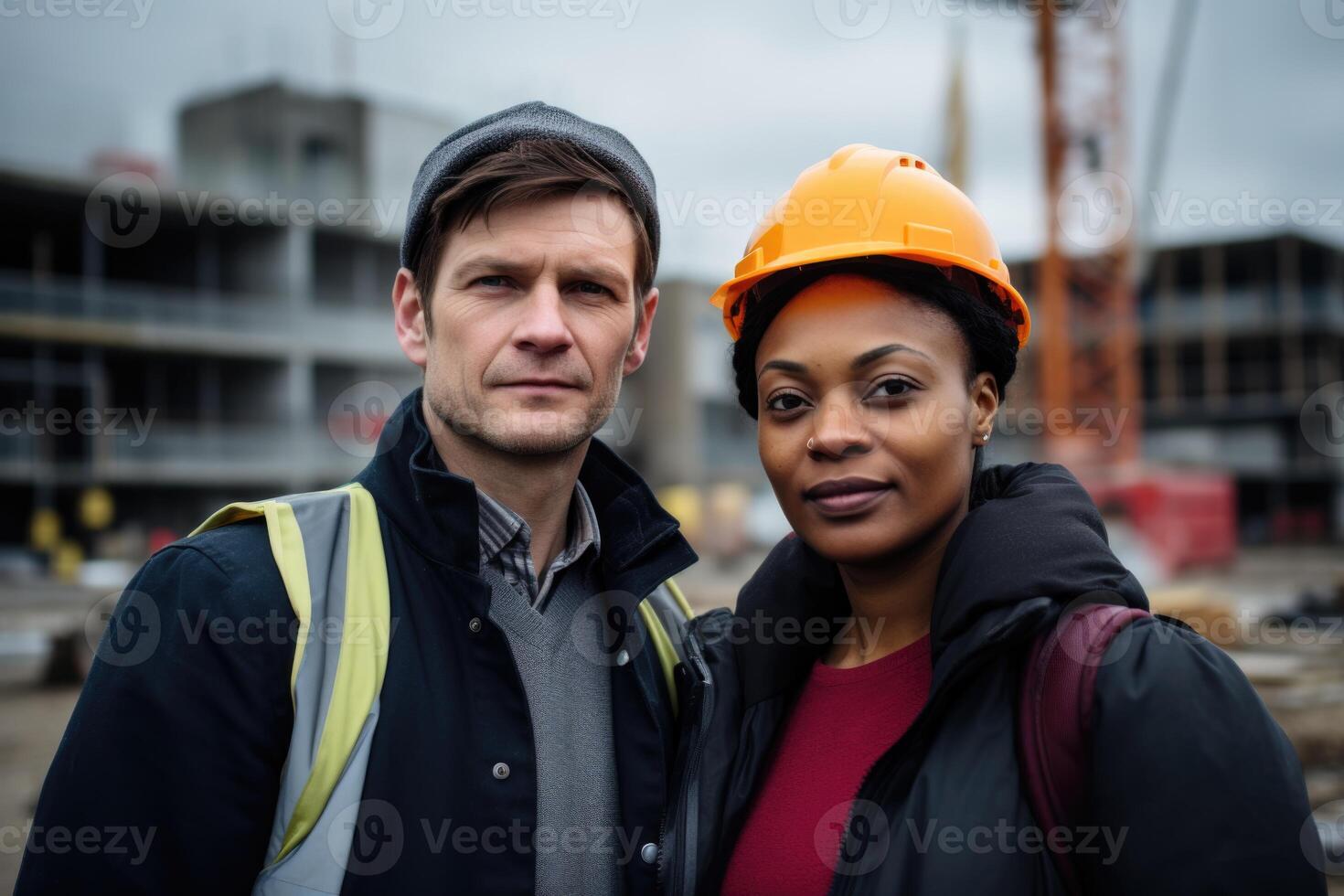 AI generated Portrait of two professional engineers or technicians standing in the background of a construction site photo