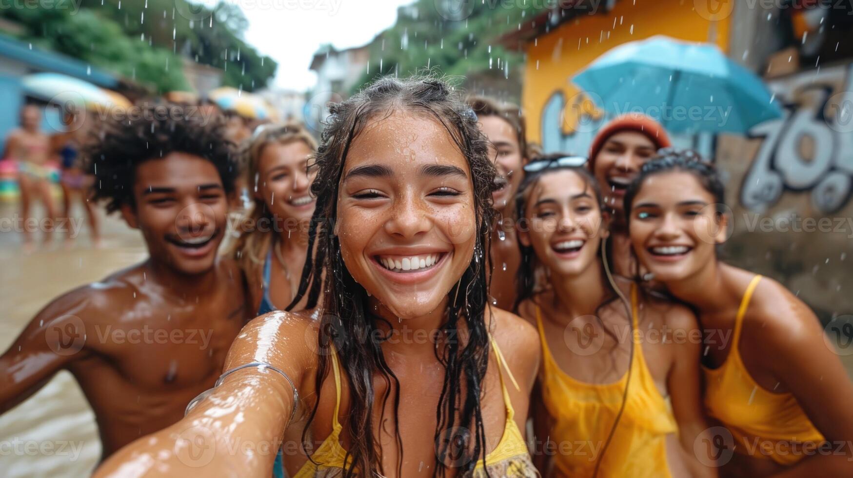AI generated A reusable young group of happy people takes a selfie photo on a camera outside