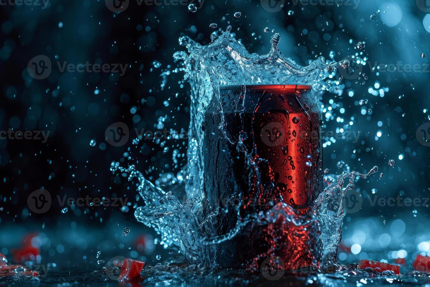 AI generated An aluminum beverage jar for your advertisement with splashes and drops of water photo