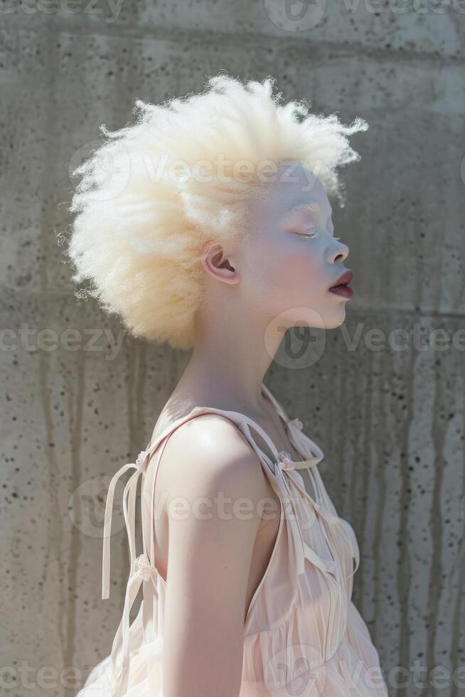 AI generated Portrait of an albino African girl with white hair close-up photo