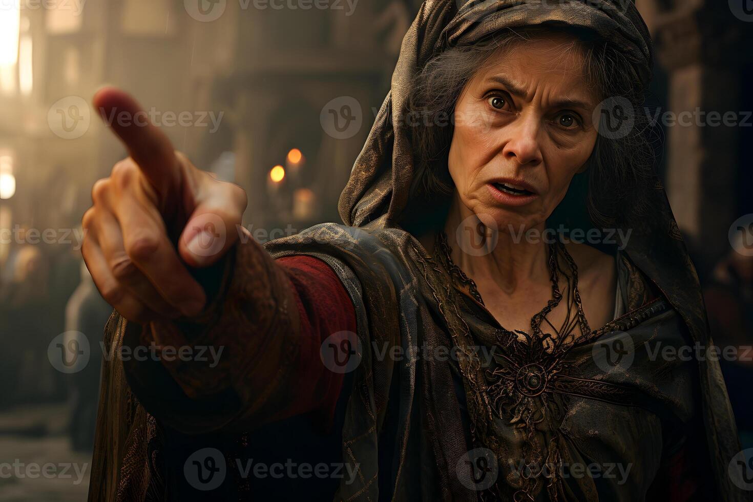AI generated Medieval woman points finger at you, neural network generated image photo