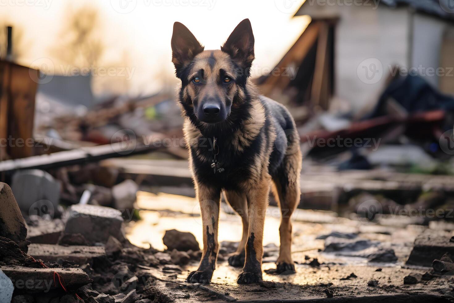 AI generated alone wet and dirty German Shepherd Dog after disaster on the background of house rubble, neural network generated image photo