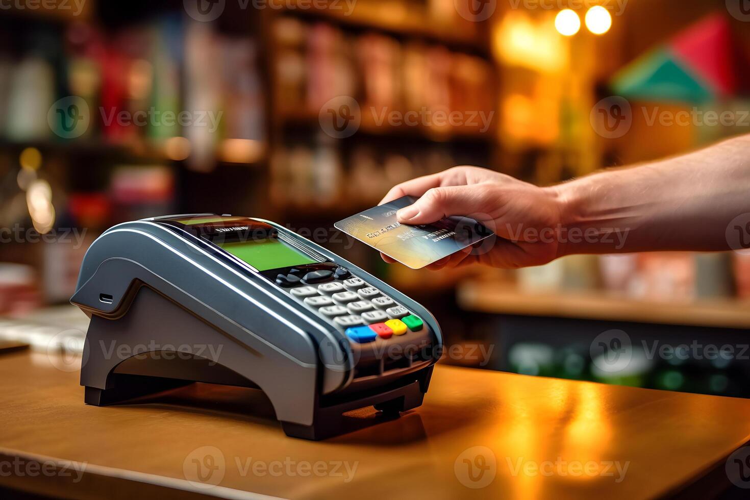 AI generated closeup of hand using RFID card on a swipe machine terminal in shop during shopping time, neural network generated photorealistic image photo