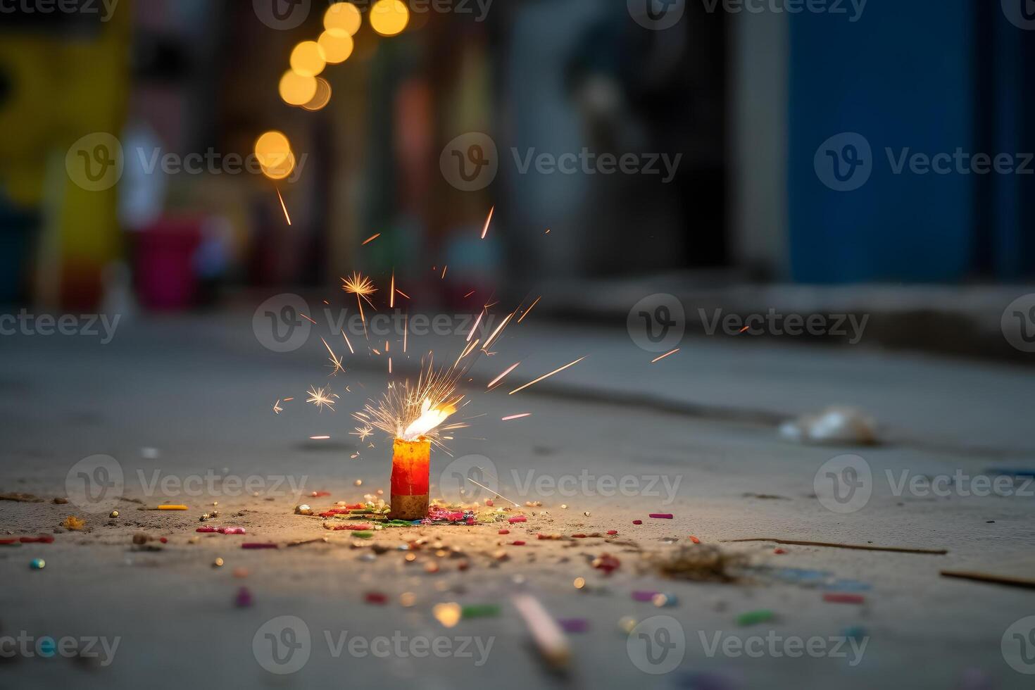AI generated Happy Diwali - Lit diya lamp on street with firecrackers, neural network generated photorealistic image photo