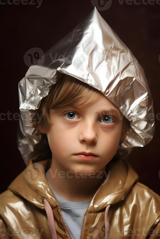 AI generated suspicious caucasian kid in foil hat looking into camera, neural network generated photorealistic image photo