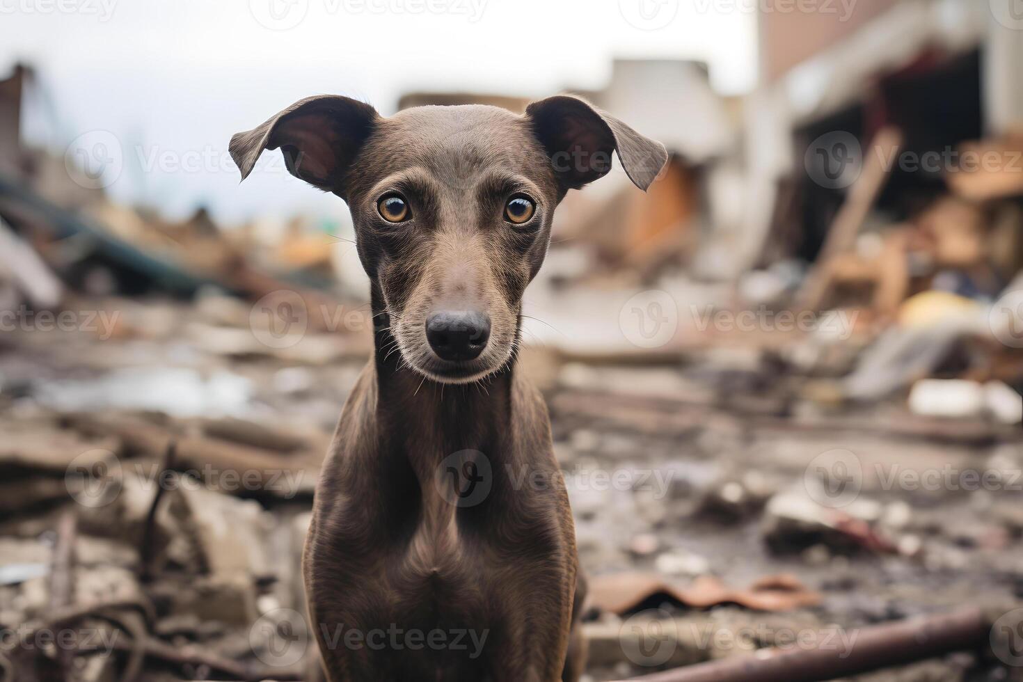 ai generado solo mojado y sucio italiano galgo después desastre en el antecedentes de casa escombros, neural red generado imagen foto