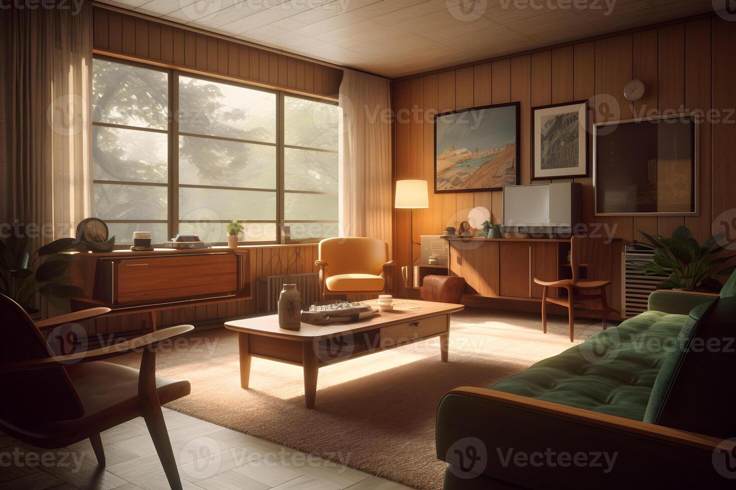 AI generated photorealistic mid century interior with sunlight from windows at summer day, neural network generated photorealistic image photo