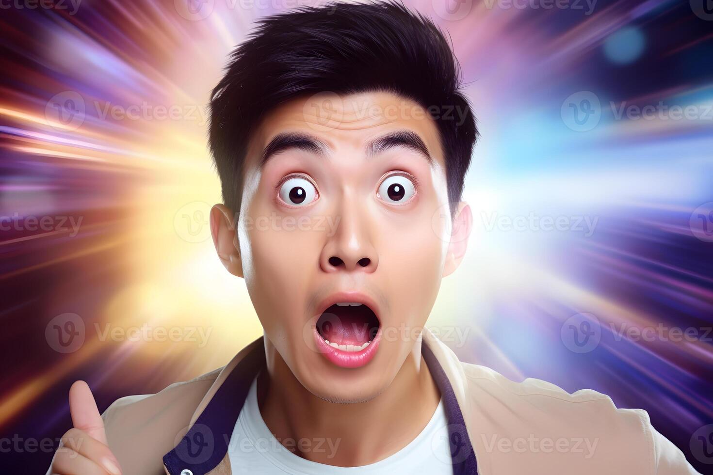 AI generated Surprised Asian young adult man on colorful background. Neural network generated photorealistic image. photo
