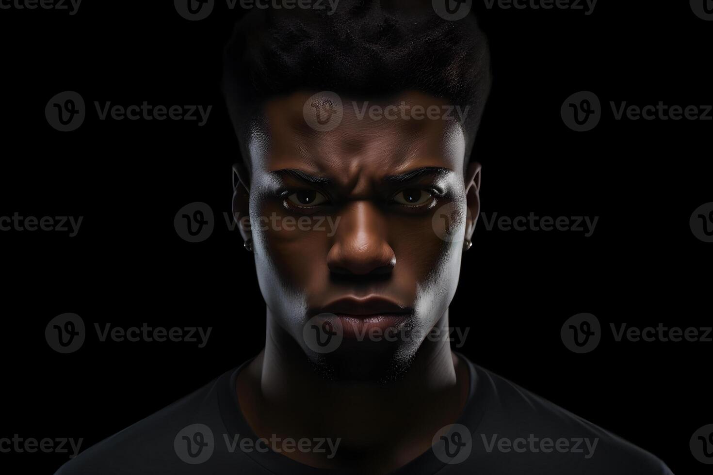 AI generated serious young adult African American man, head and shoulders portrait on black background. Neural network generated photorealistic image photo