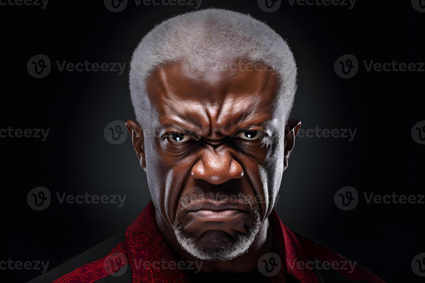 AI generated Angry mature African American man, head and shoulders portrait on black background. Neural network generated image photo