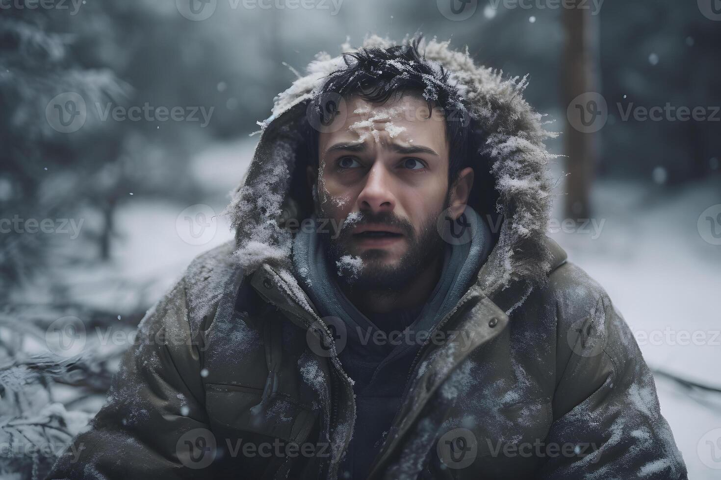 AI generated Caucasian young adult man lost in forest at snowy winter day, neural network generated photorealistic image photo