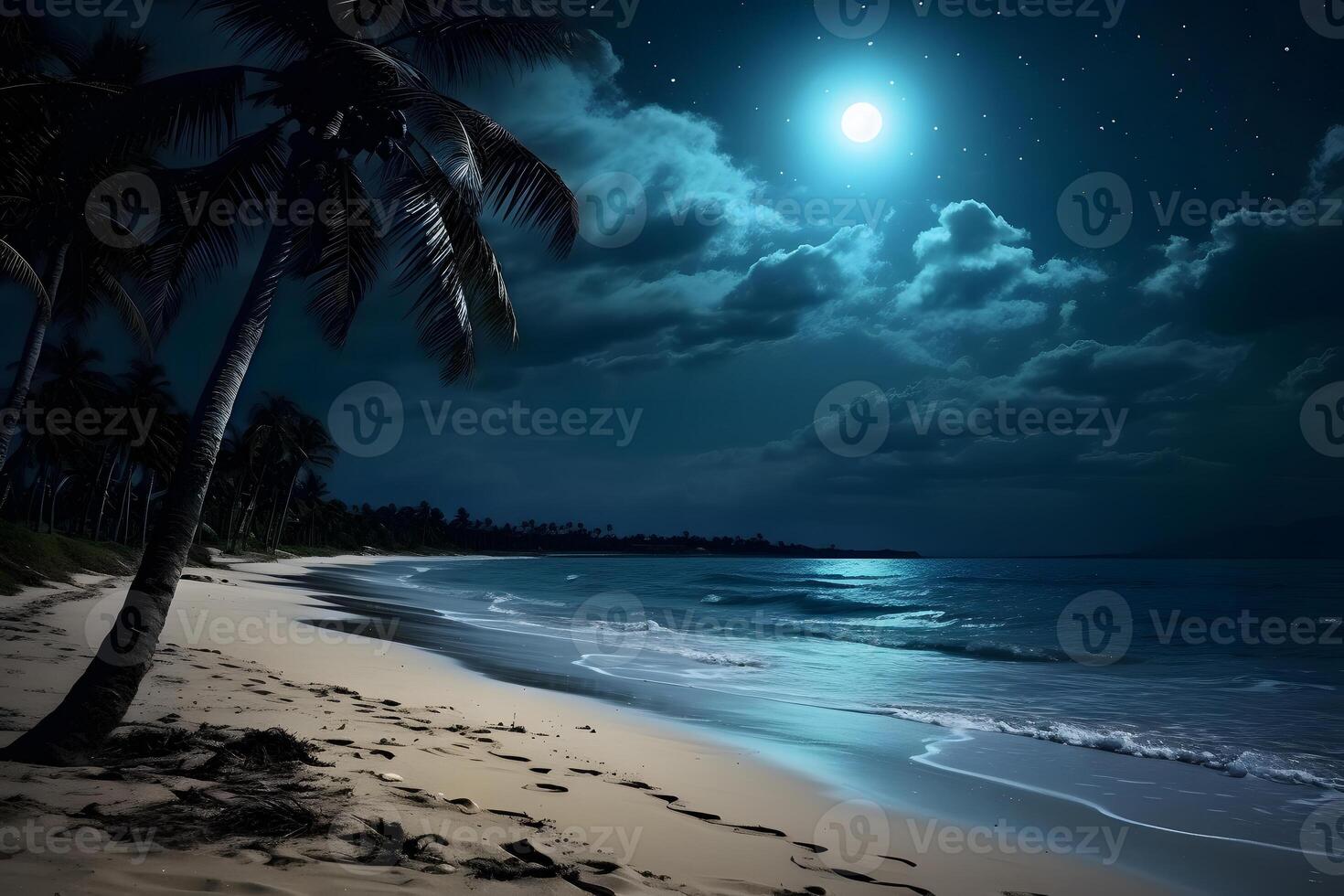 ai generado tropical playa ver con blanco arena, turquesa agua y palma árbol a lleno Luna noche, neural red generado fotorrealista imagen foto