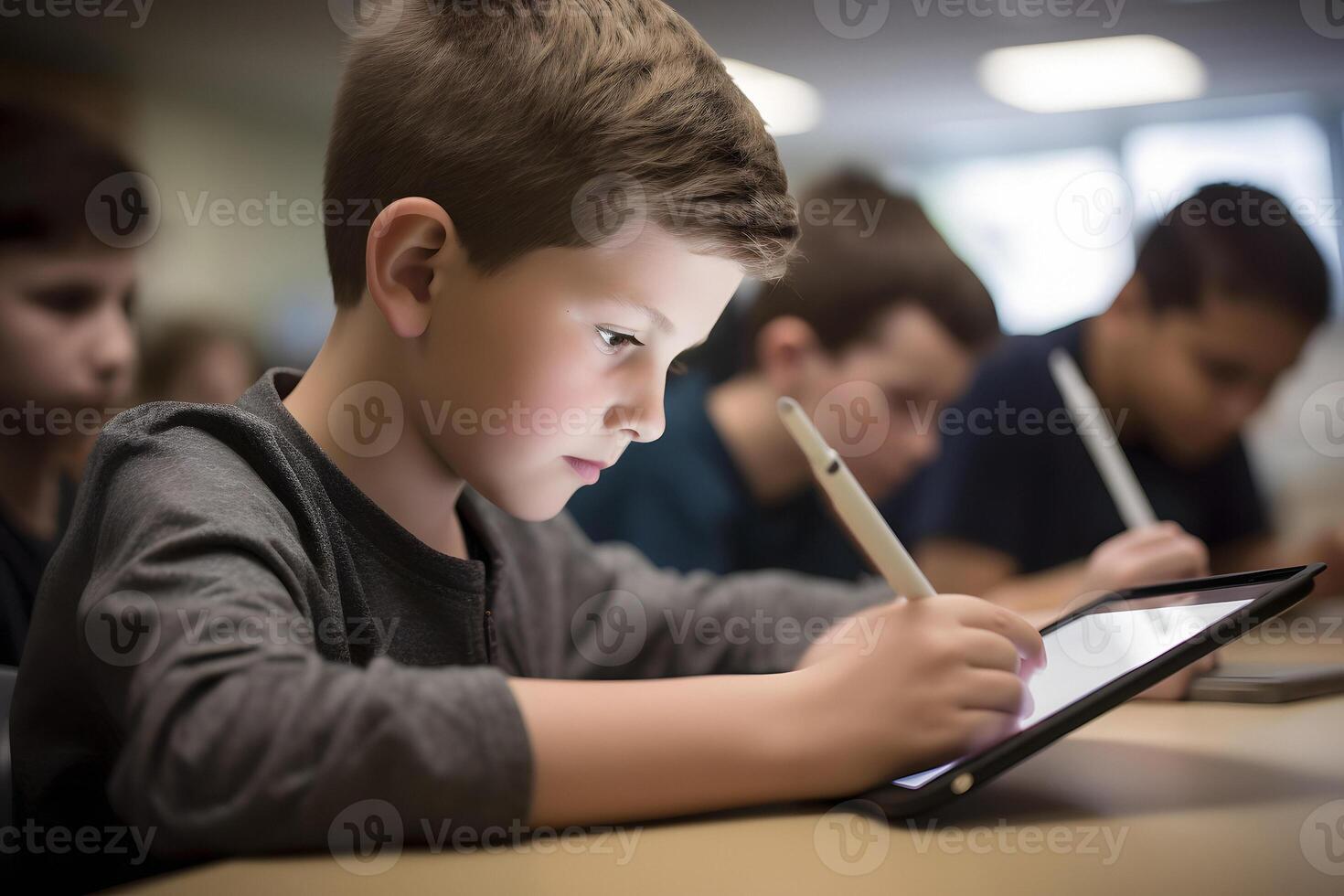 AI generated Technology in Classroom - children students in school using tablet computers during education process, photorealistic, neural network generated image photo