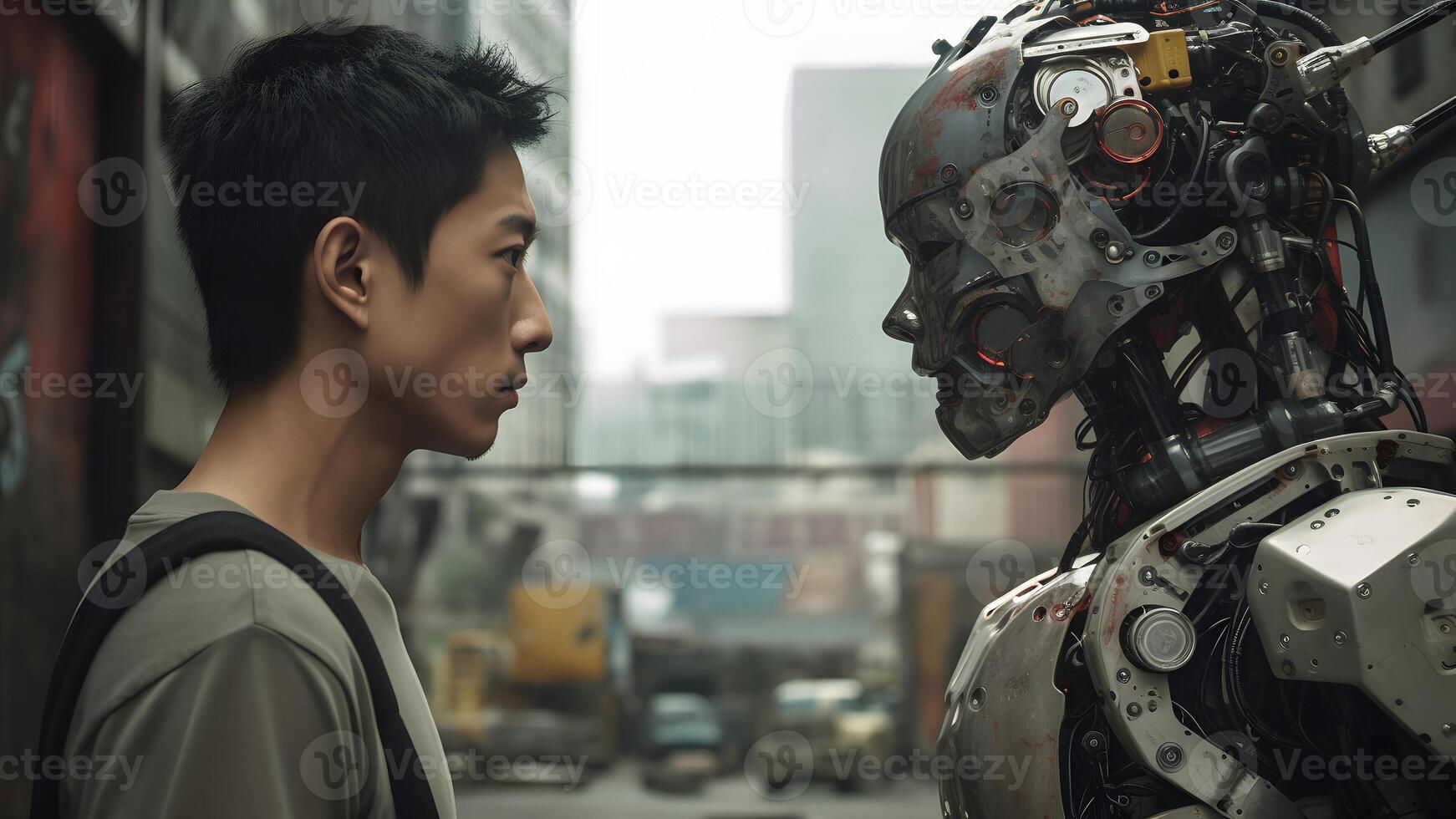 AI generated asian young adult man versus robot looking at each other, face to face, side view, neural network generated image photo