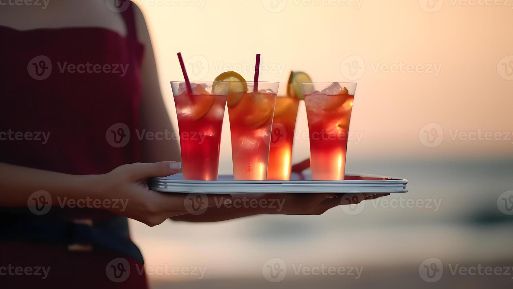 AI generated midsection of waitress carrying cocktails on summer sandy beach at day light, neural network generated image photo