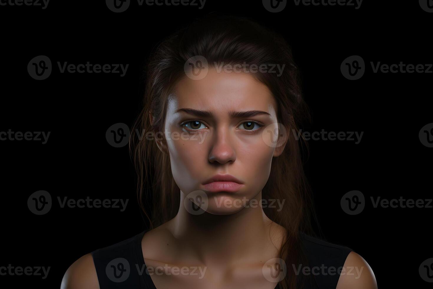 Sad young adult Caucasian woman on black background. Neural network generated photorealistic image. photo