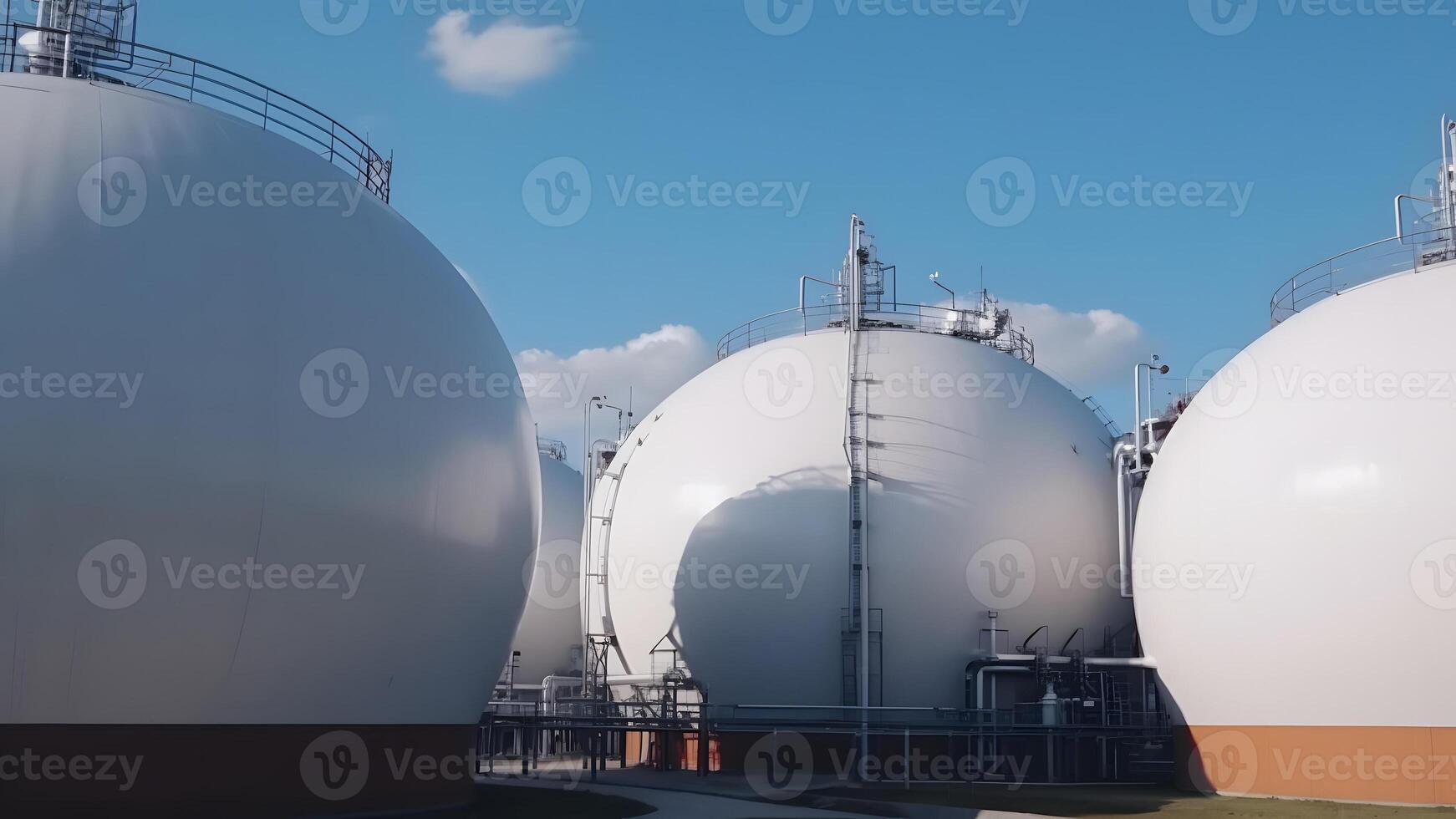 AI generated white spherical tanks for storing hydrogen gas at outdoor storage facility, neural network generated image photo