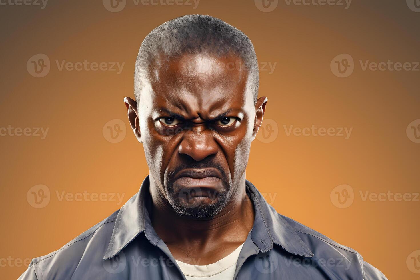 AI generated Angry mature African American man, head and shoulders portrait on yellow gradient background. Neural network generated image photo