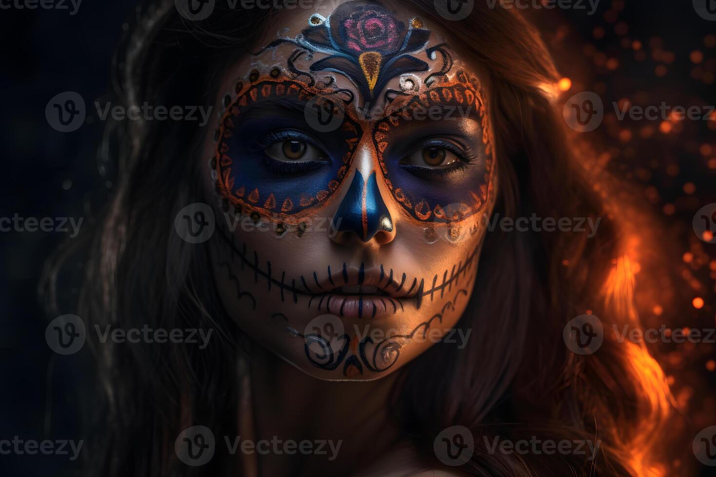 AI generated cinematic photorealistic portrait of gorgeous woman sugar skull at day of the dead, neural network generated image photo