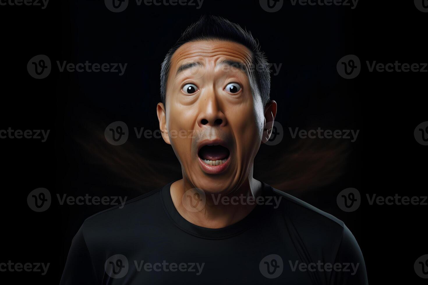 AI generated Surprised Asian man on black background. Neural network generated photorealistic image. photo