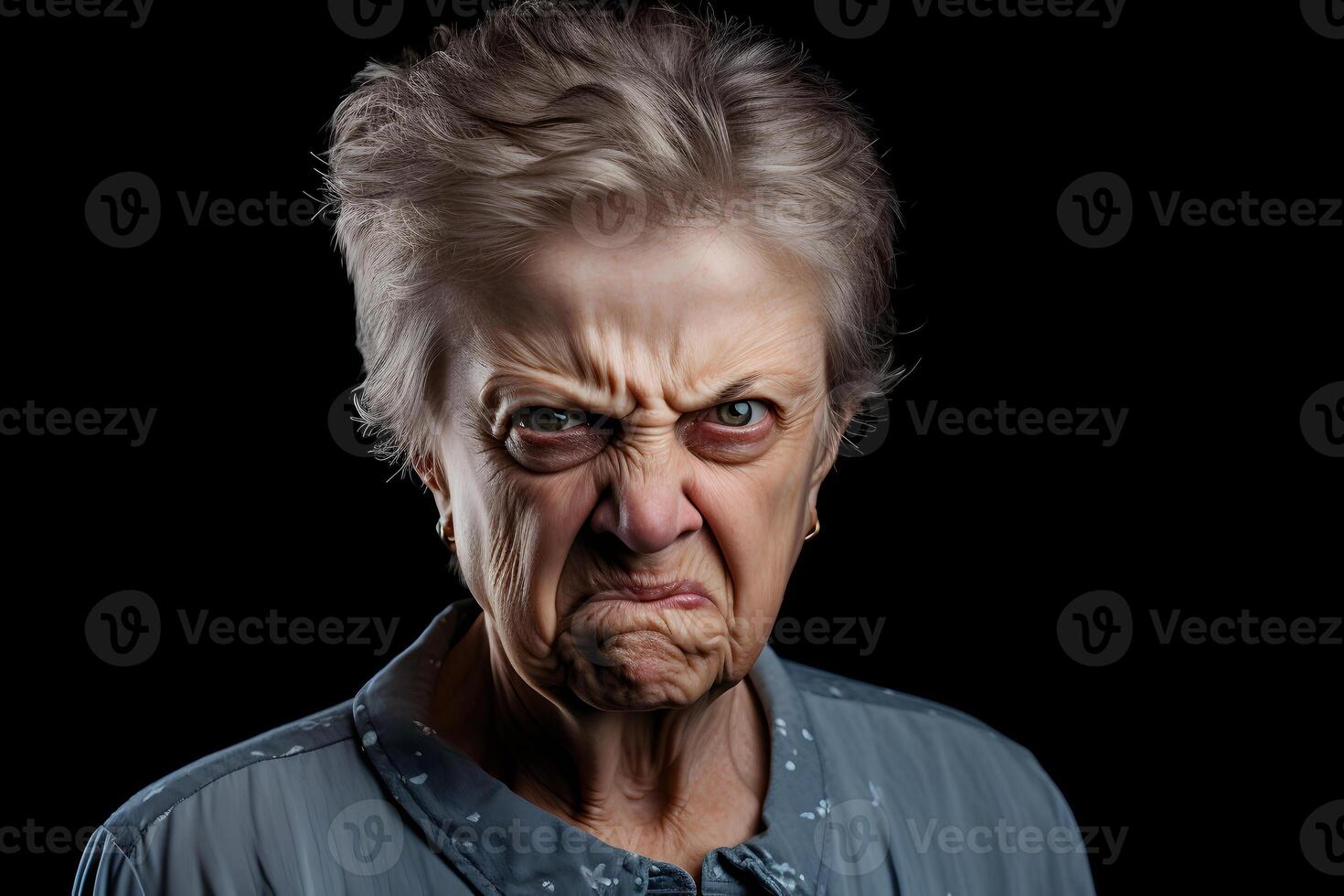 AI generated scowl senior Caucasian woman, head and shoulders portrait on black background. Neural network generated photorealistic image photo