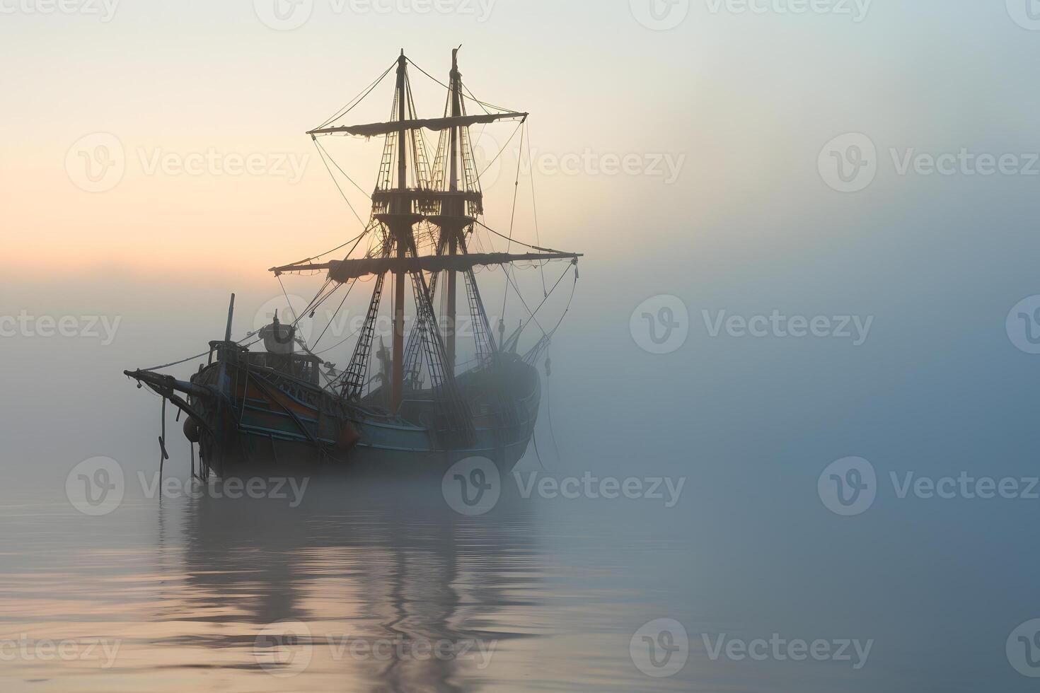 AI generated spectral ghost ship at foggy morning or evening. Neural network generated image photo