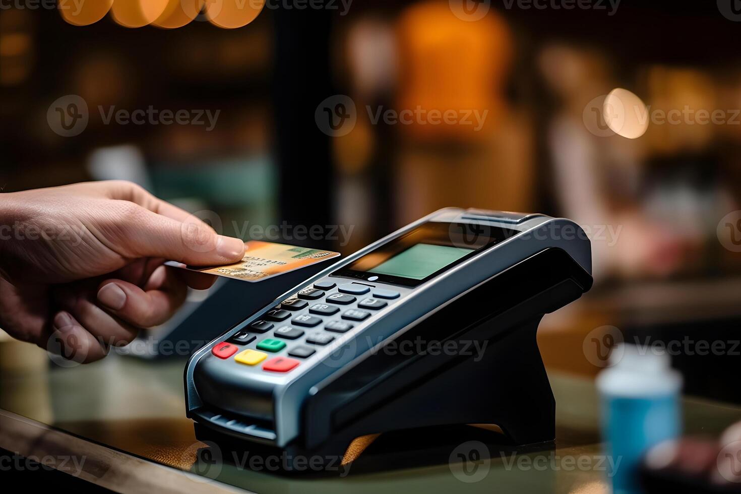AI generated closeup of hand using RFID card on a swipe machine terminal in shop during shopping time, neural network generated photorealistic image photo