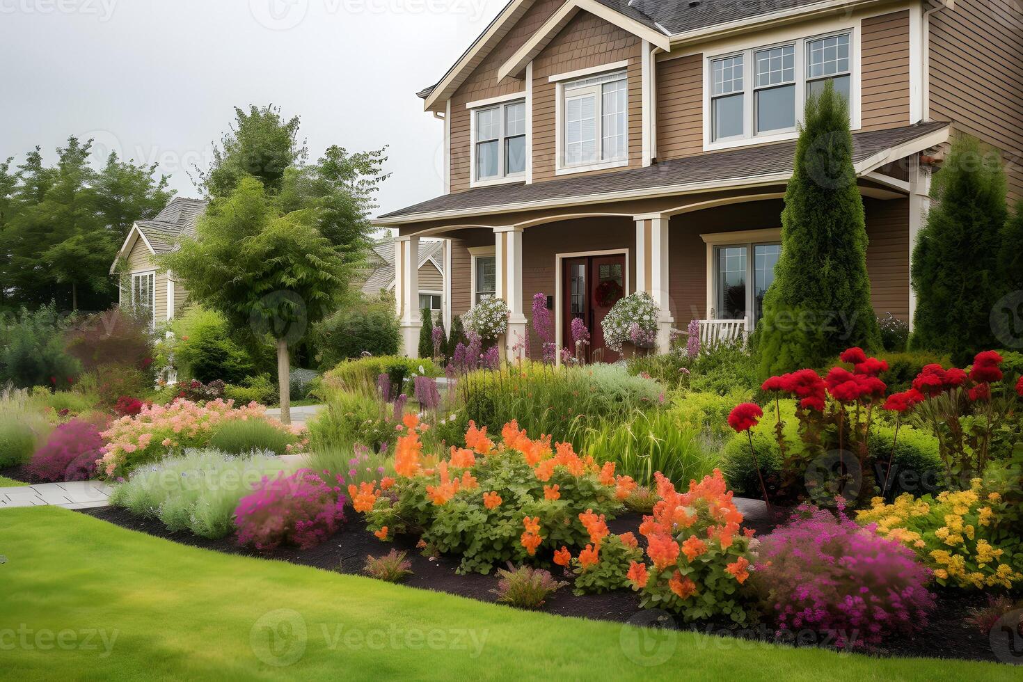 AI generated classic house with flower garden at summer day - american dream style, neural network generated image photo