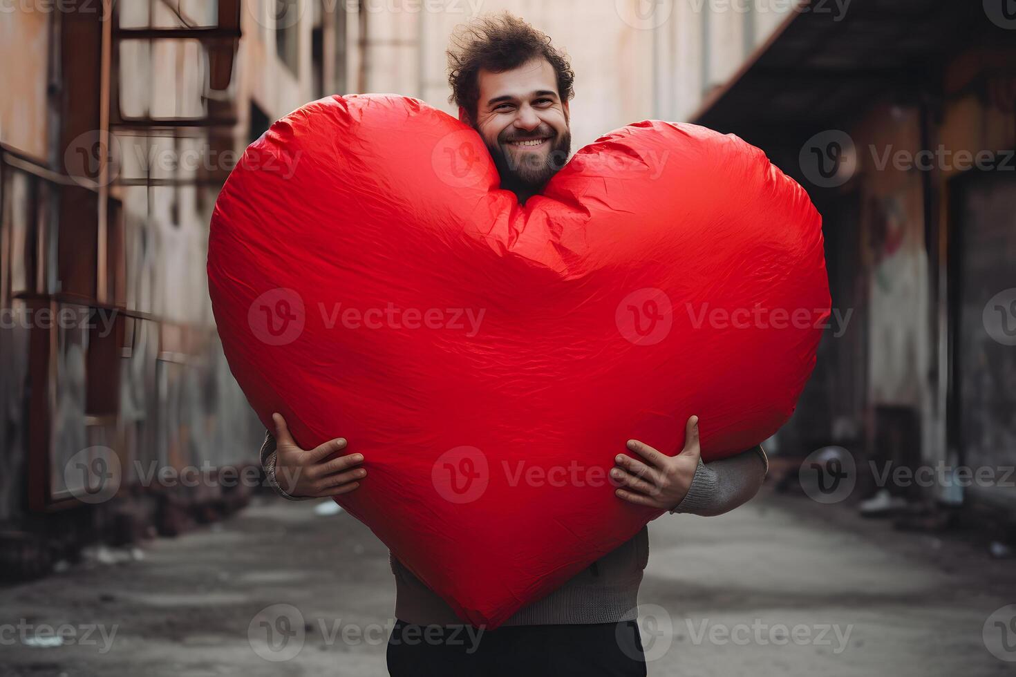 ai generado hombre participación grande rojo corazón al aire libre, neural red generado fotorrealista imagen foto