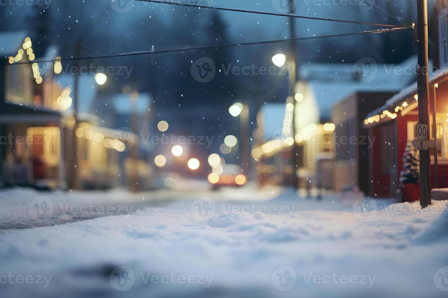 AI generated small American town street view at snowy winter night, neural network generated image photo