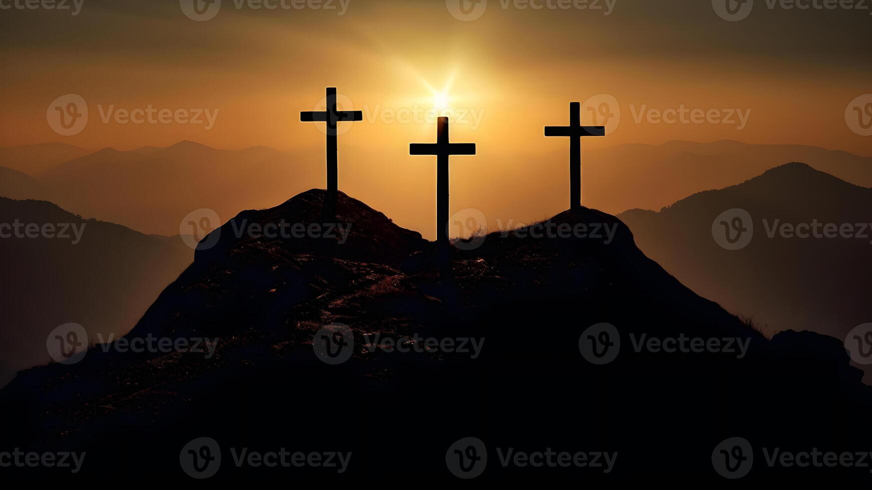 AI generated crucifixion, religion and christianity concept - silhouettes of three crosses on calvary hill on golden suset sky background, neural network generated image photo