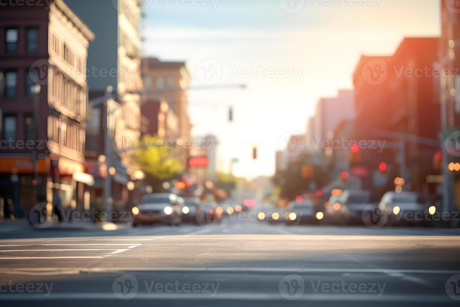 AI generated American downtown street view at sunny summer morning, neural network generated image photo