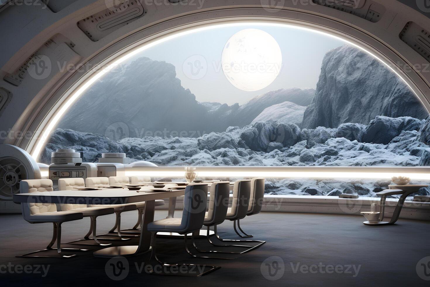 AI generated futuristic white moon base dining room interior, neural network generated image photo