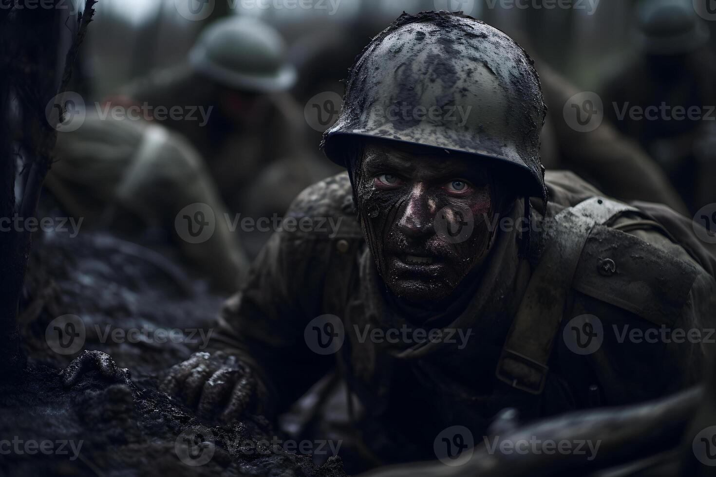 AI generated dirty tired soldier in trench at evening, neural network generated image photo