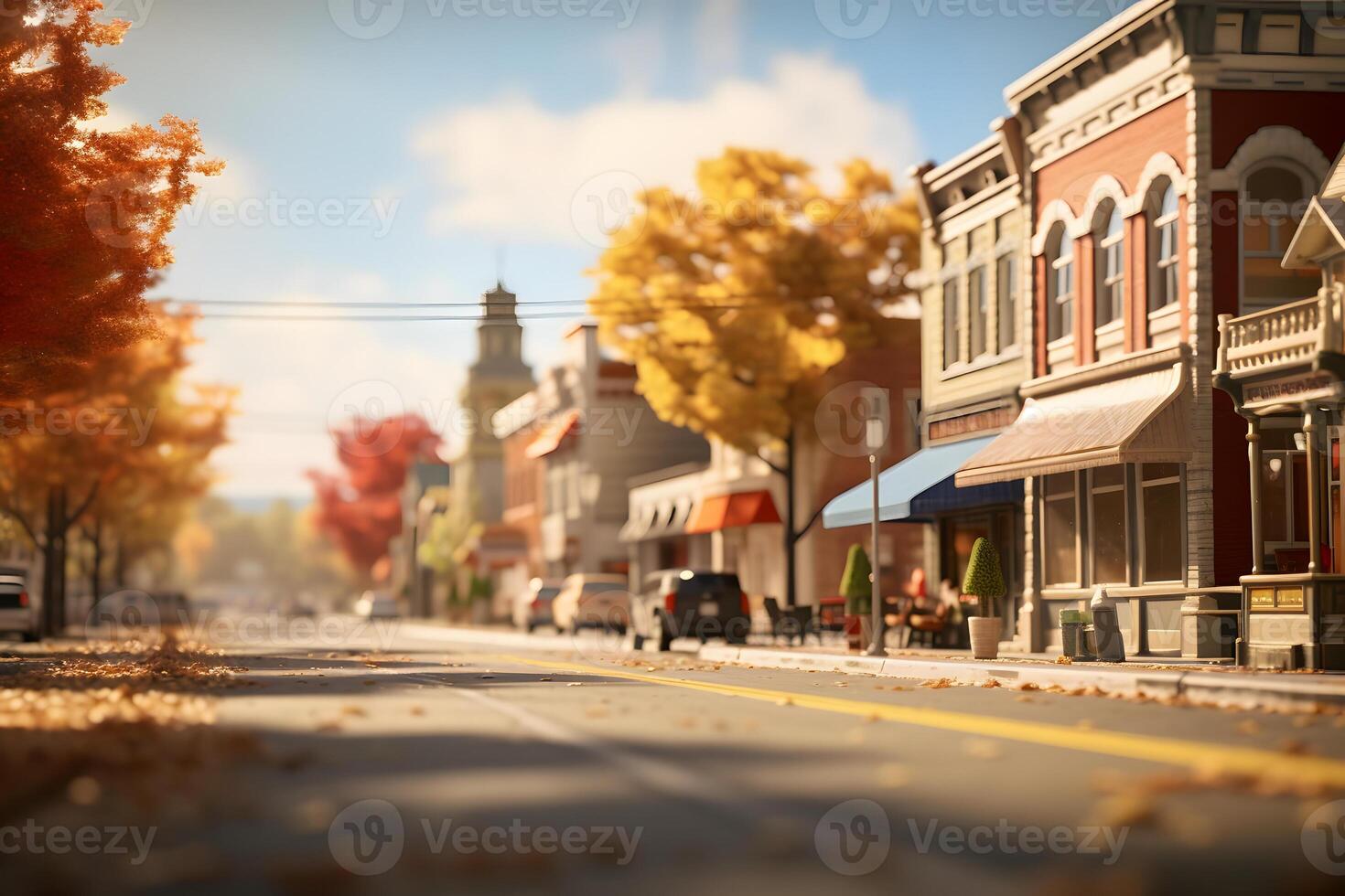 AI generated American town street view at sunny autumn morning , neural network generated image photo
