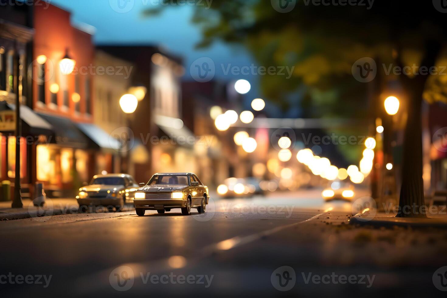 AI generated American toy town street view at summer night, neural network generated image photo