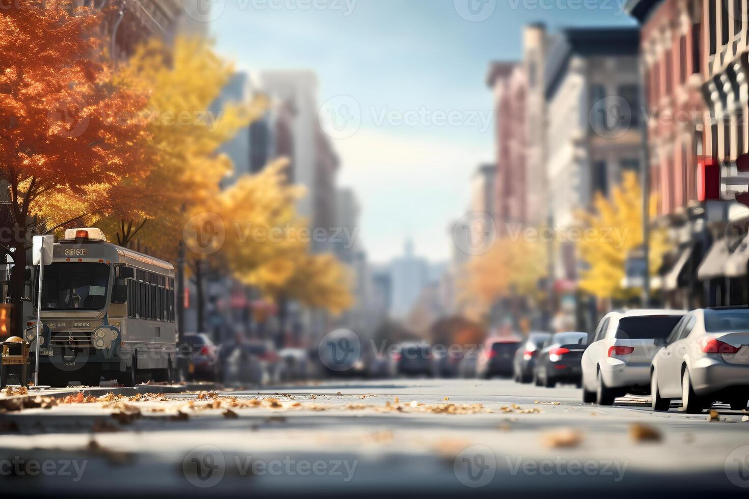 AI generated American downtown street view at sunny autumn day, neural network generated image photo