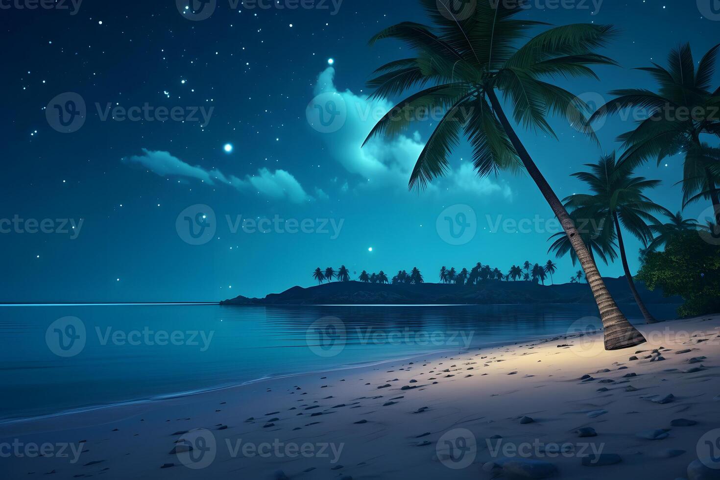 AI generated tropical beach view with white sand, turquoise water and palm tree at night, neural network generated photorealistic image photo