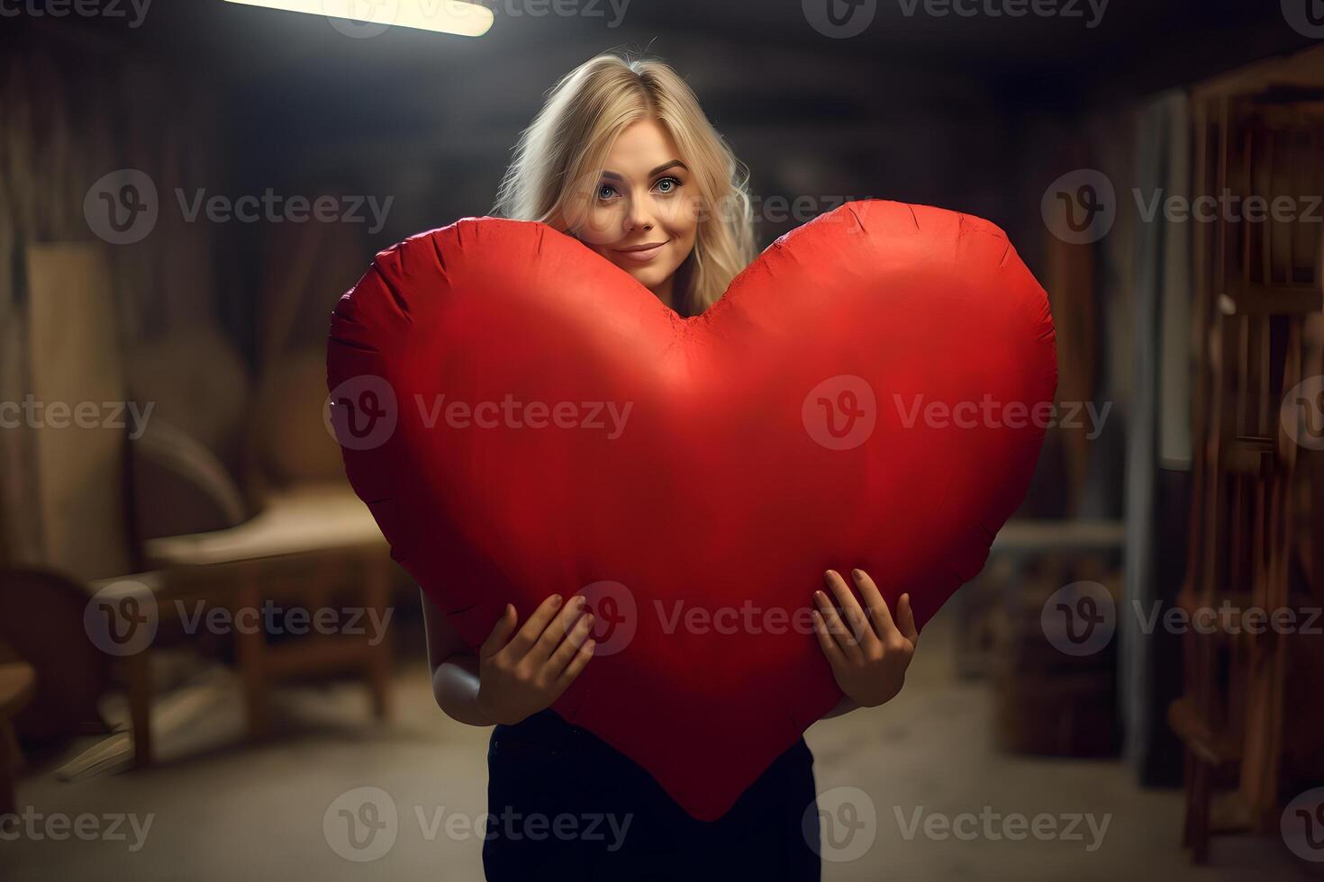 AI generated woman holding big red heart indoors, neural network generated photorealistic image photo