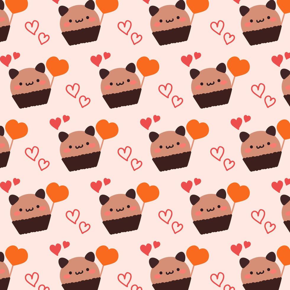 Cute pattern with cute bear cupcake and heart on a soft brown background. vector