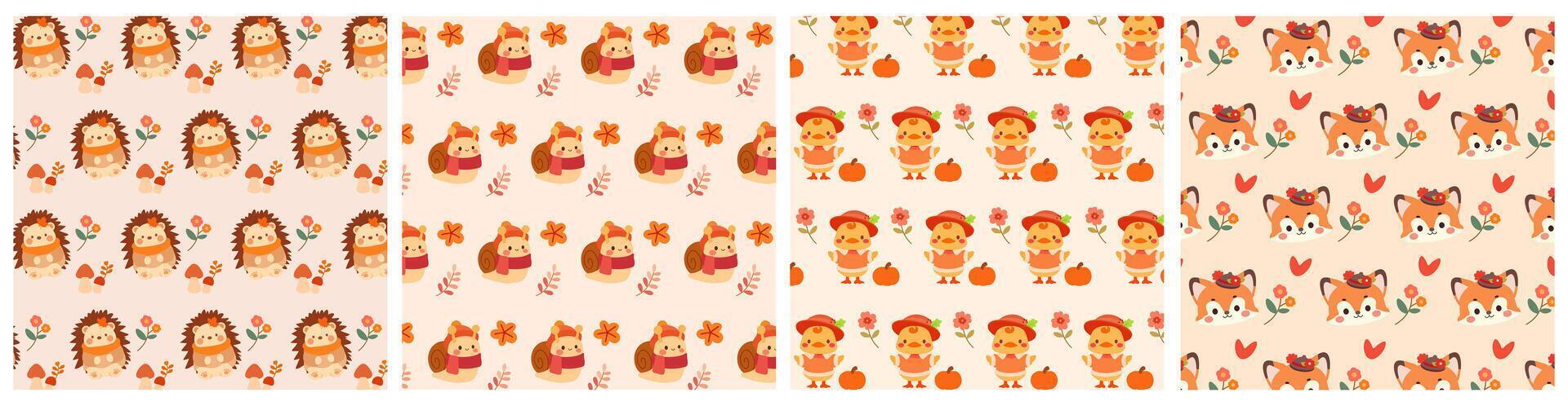 Cute autumn animal pattern. Set of 4 Cute Thanksgiving with doodles for autumn textile prints, wallpaper, scrapbooking, stationary, wrapping paper, packaging, etc. vector