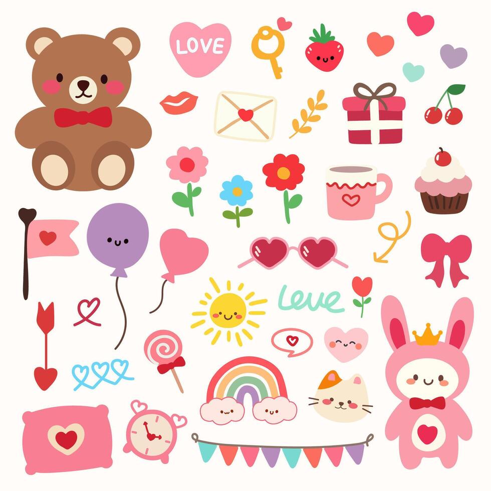 Cute happy valentines day set.Hand drawn vector illustration.Cute object valentine collection with bear,heart,rabbit,ribbon,gift,balloon.