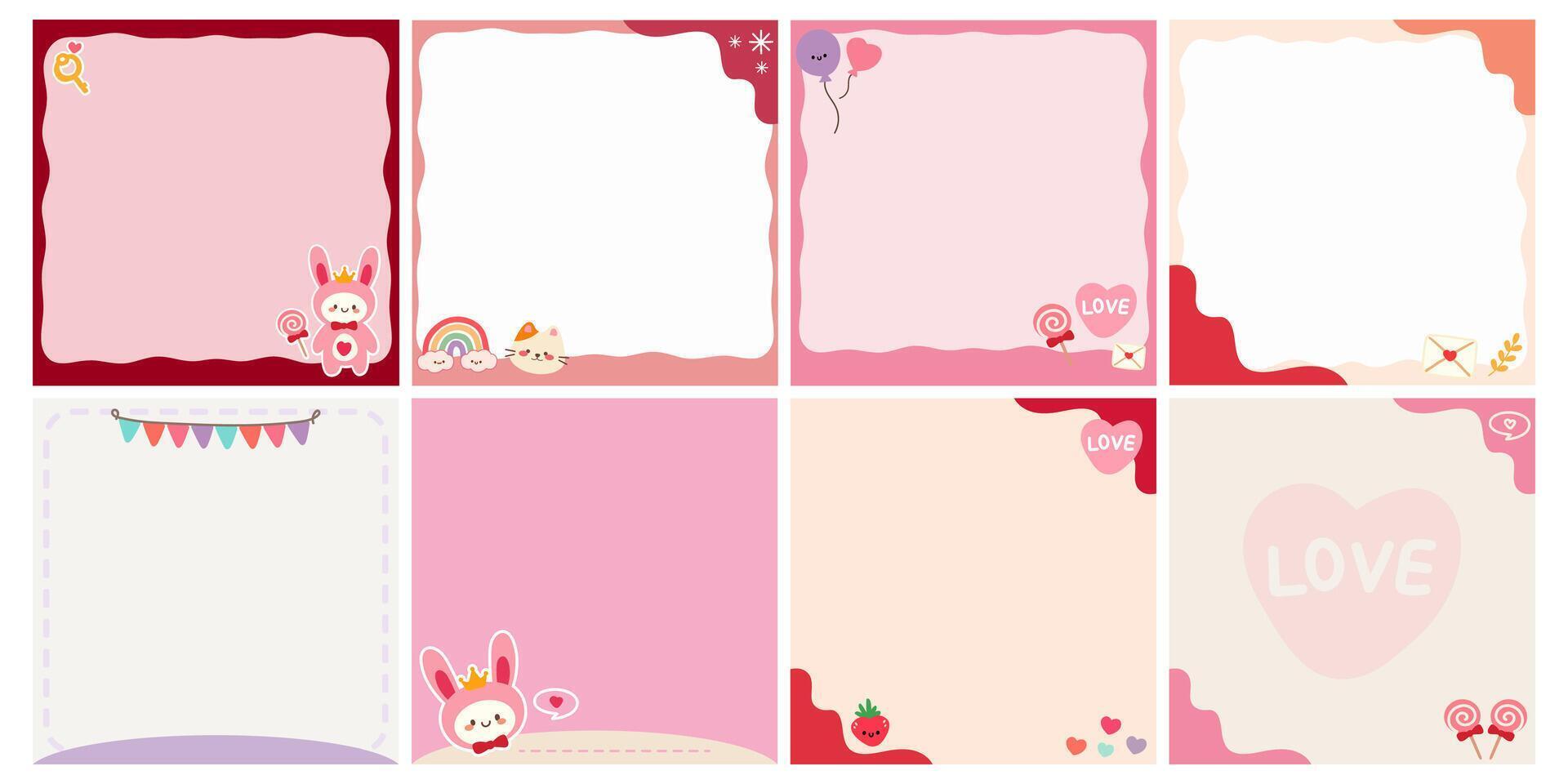 Valentine notes with hand-drawn cartoon. Background vector illustration. Cute wallpapers for social media templates with copy space for text, to-do lists, prints, cards, etc.