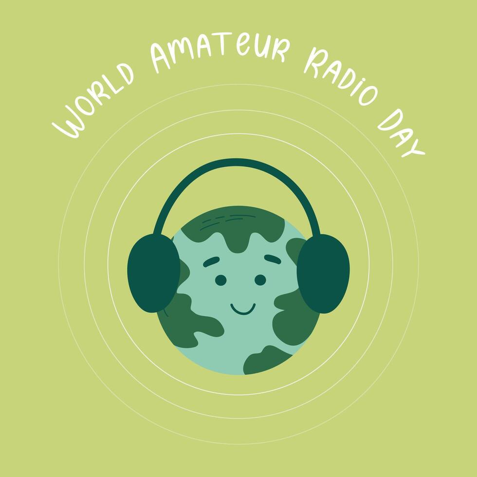 World Amateur Radio Day. Kawaii globe with headphones and radio waves. Radio broadcasting. Flat style vector illustration for web, banner, campaign, social media post.