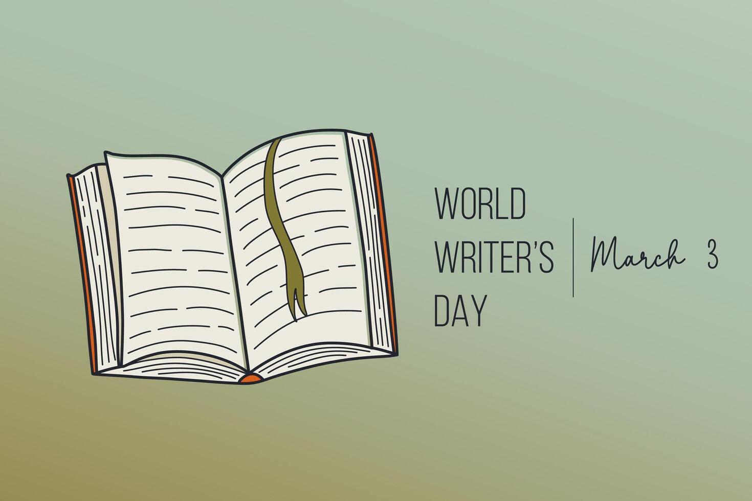 World Writer's Day. Open book with printed text. Literature concept. Retro style holiday banner. Doodle vector illustration.