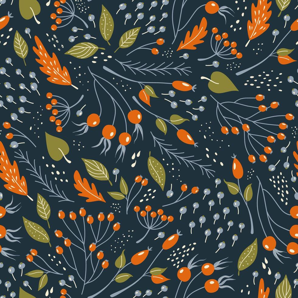 Abstract plant pattern. Background with falling leaves, berries and tree branches. Vector illustration of fairy forest.