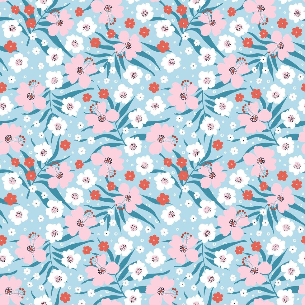 Seamless pattern with tropical flowers. Vibrant Summer blossom background. Naive art plants. Floral ornament for fabric design, wallpaper, wrapping paper. Hand drawn vector illustration.