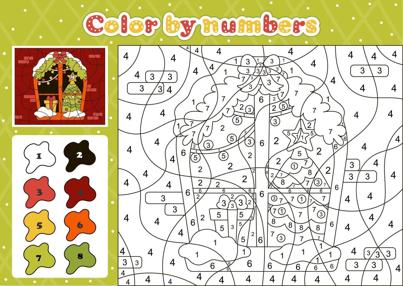 Winter themed coloring page by number for kids with cute decorated christmas window, christmas tree and gifts vector