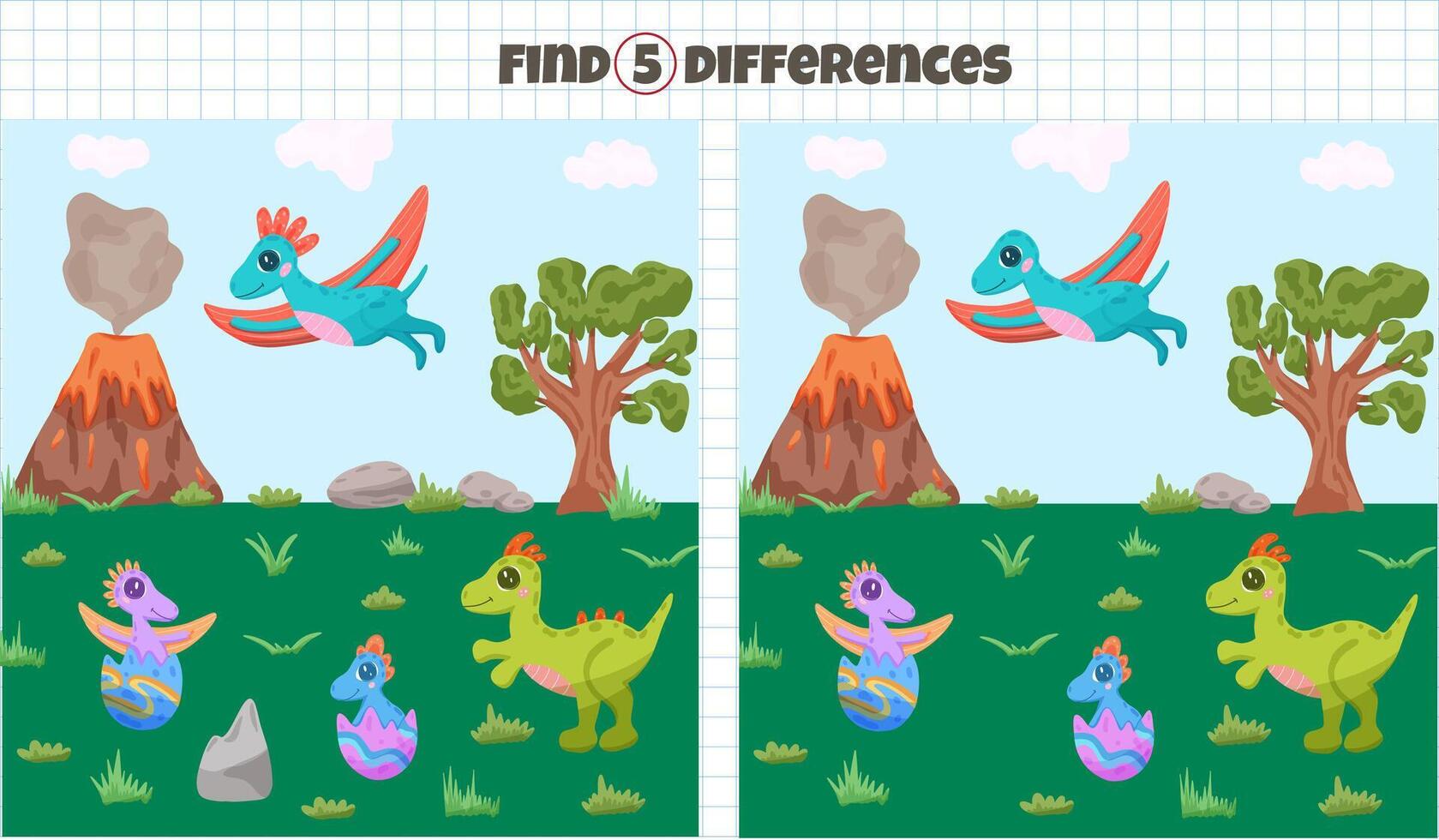 Game find 5 difference with dinosaurs vector